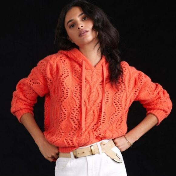 ANTHROPOLOGIE x PILCRO Cable Knit Hoodie Sweater Orange Sz L $148 {199} - Picture 1 of 6